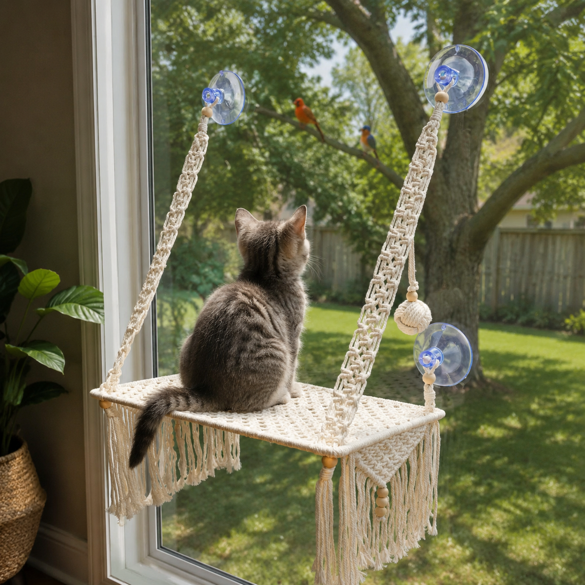 MacraMeow Handmade Small Window Perch – Side Tassels, Compact & Cozy