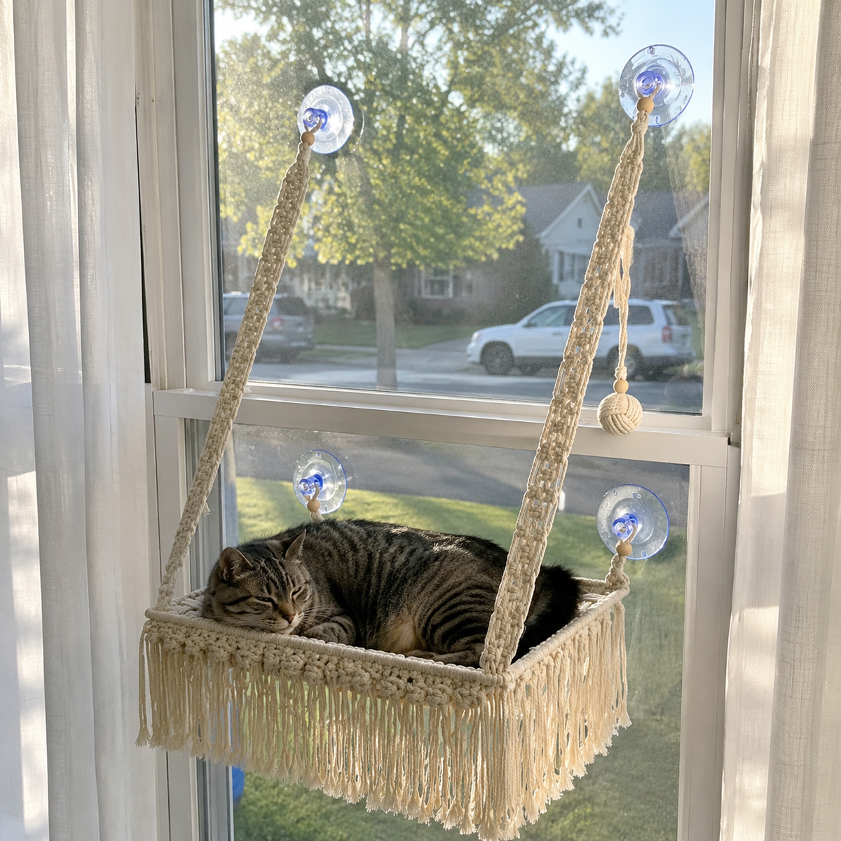 MacraMeow Small Macrame Window Perch – Triple Tassels, Boho Style
