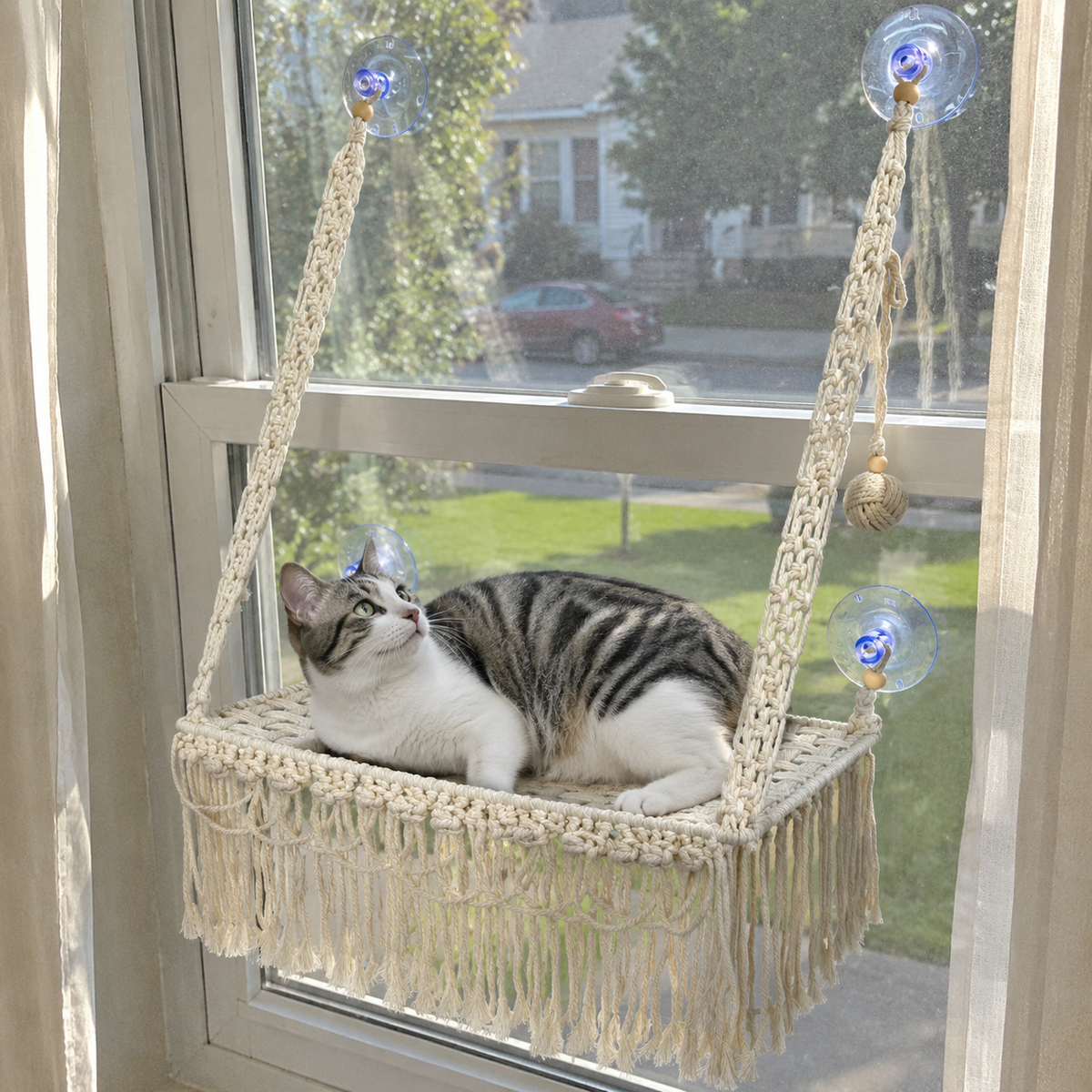 MacraMeow Small Macrame Window Perch – Triple Tassels, Boho Style