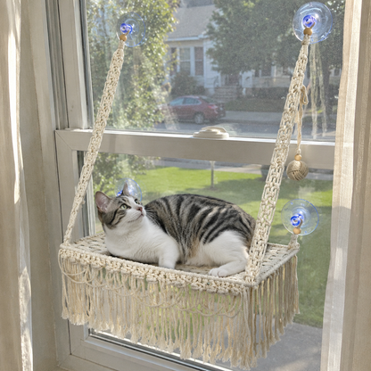 MacraMeow Small Macrame Window Perch – Triple Tassels, Boho Style