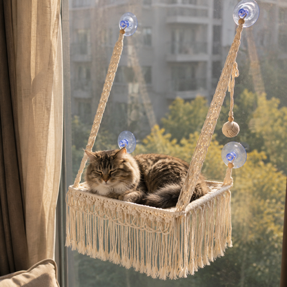 MacraMeow Small Macrame Window Perch – Triple Tassels, Boho Style