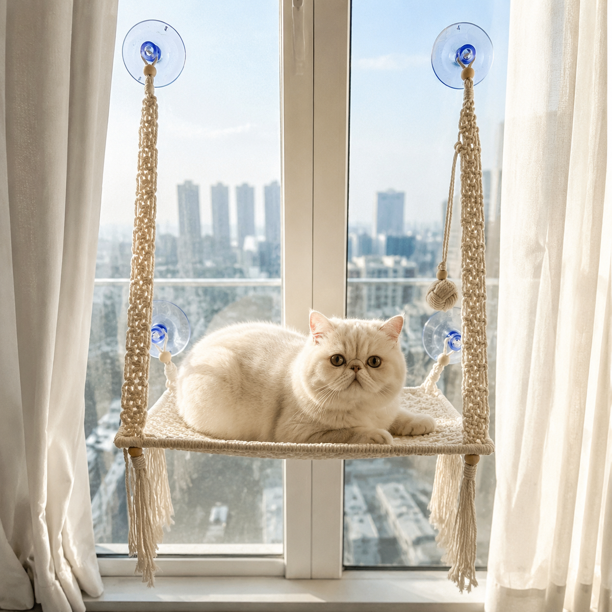 MacraMeow Handmade Small Window Perch – Side Tassels, Compact & Cozy