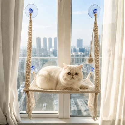 MacraMeow Handmade Small Window Perch – Side Tassels, Compact & Cozy