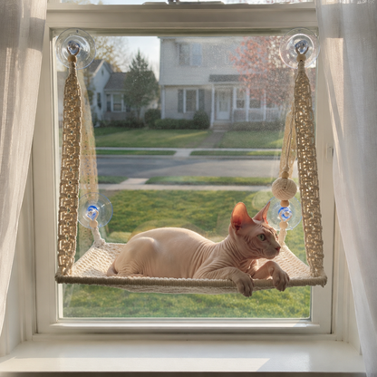 MacraMeow Handcrafted Small Cat Window Perch – No Tassels, Space-Saving Design