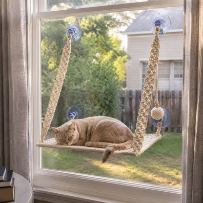 MacraMeow Handcrafted Small Cat Window Perch – No Tassels, Space-Saving Design