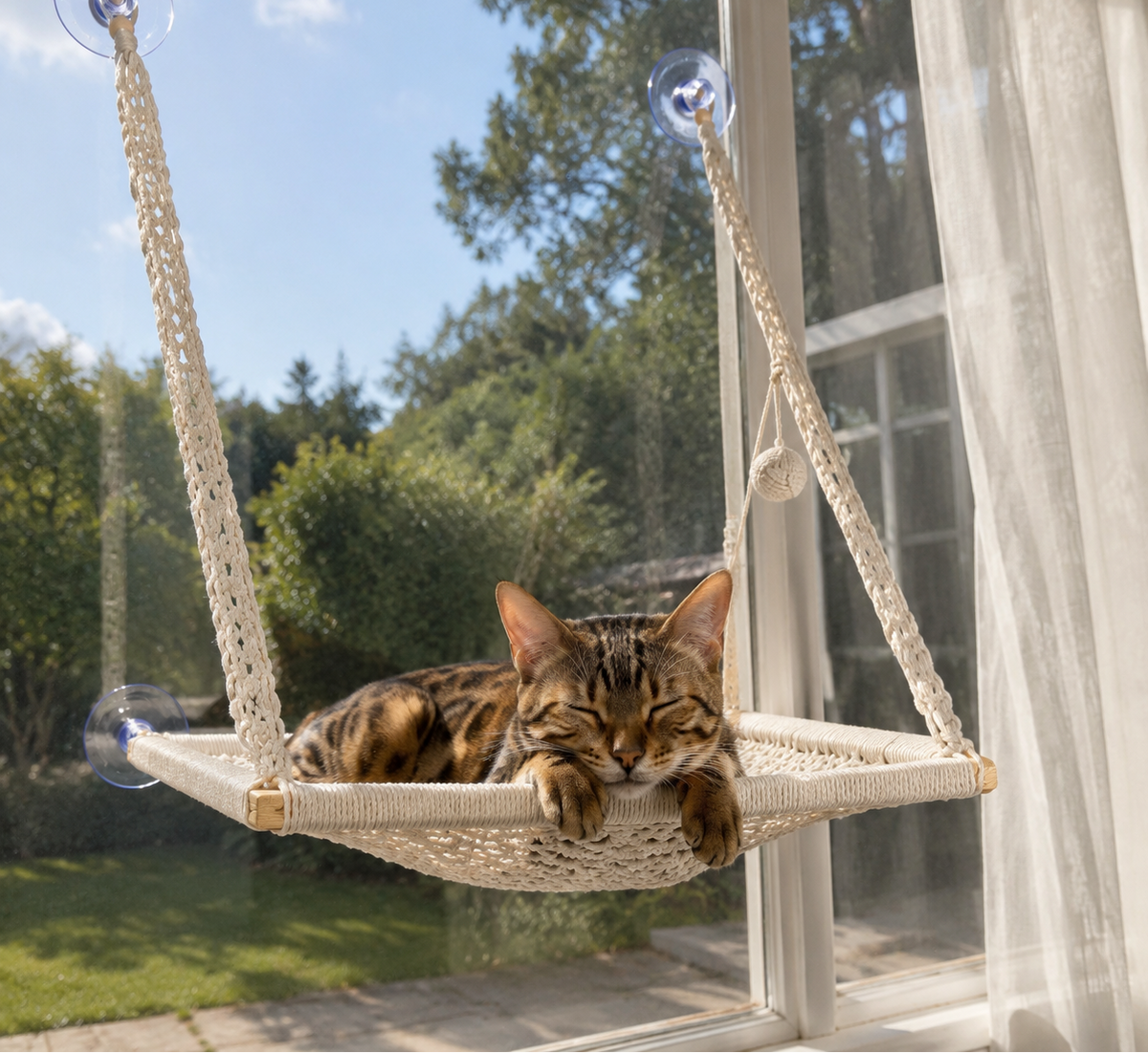 MacraMeow Large Macrame Window Perch – No Tassels, Minimalist Design