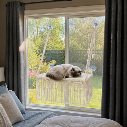 MacraMeow Handmade Large Window Perch – Triple Tassels, Boho Statement