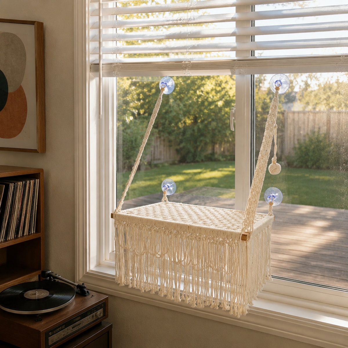 MacraMeow Handmade Large Window Perch – Triple Tassels, Boho Statement