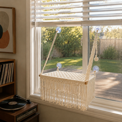 MacraMeow Handmade Large Window Perch – Triple Tassels, Boho Statement