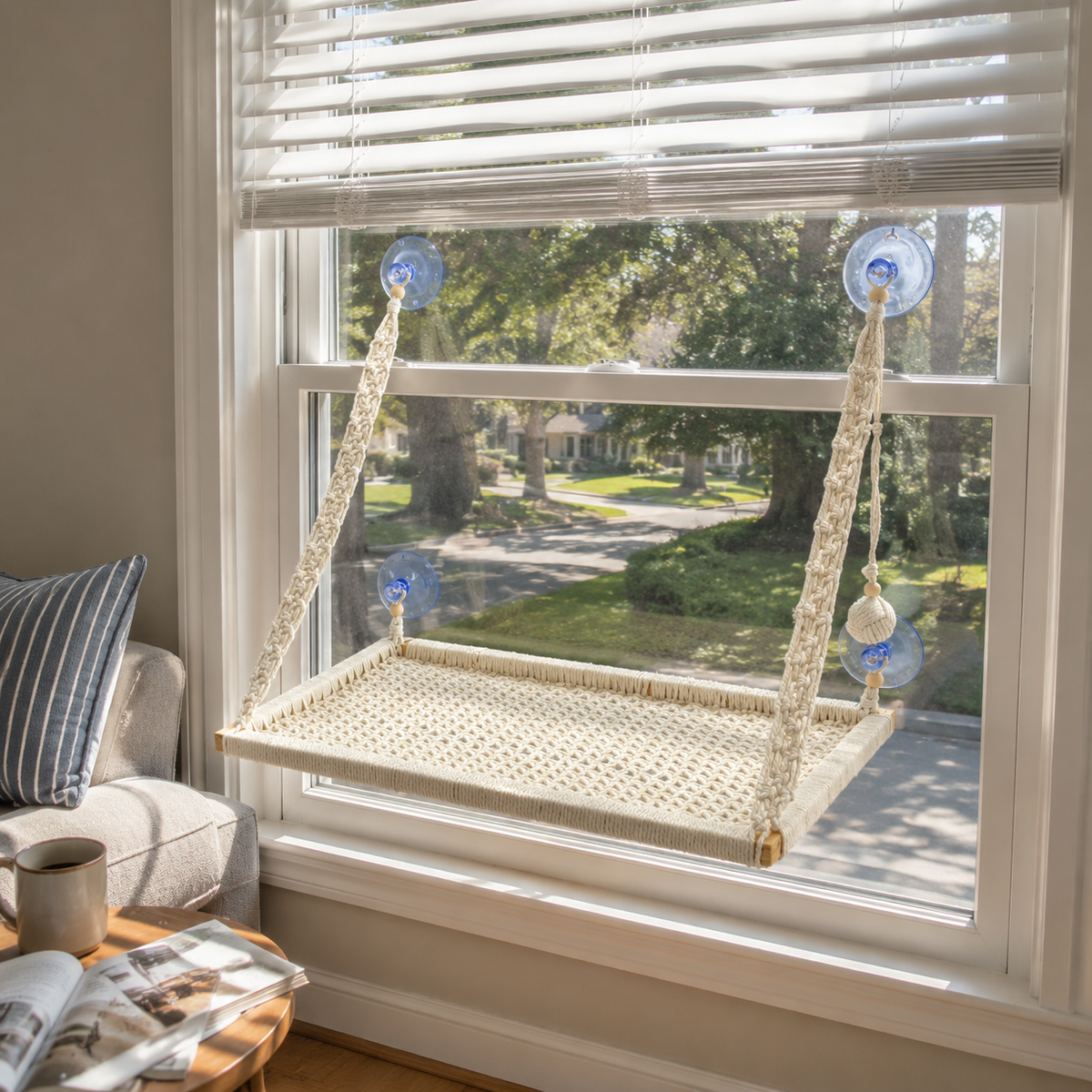 MacraMeow Large Macrame Window Perch – No Tassels, Minimalist Design