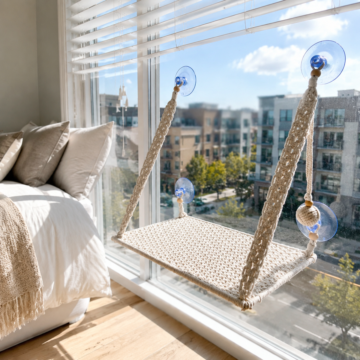 MacraMeow Handcrafted Small Cat Window Perch – No Tassels, Space-Saving Design