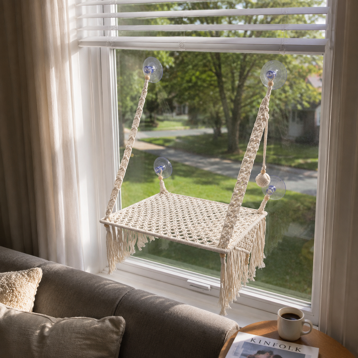 MacraMeow Handmade Small Window Perch – Side Tassels, Compact & Cozy