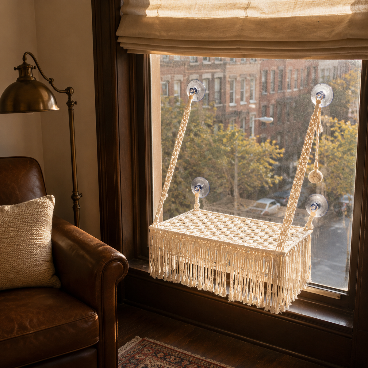 MacraMeow Small Macrame Window Perch – Triple Tassels, Boho Style