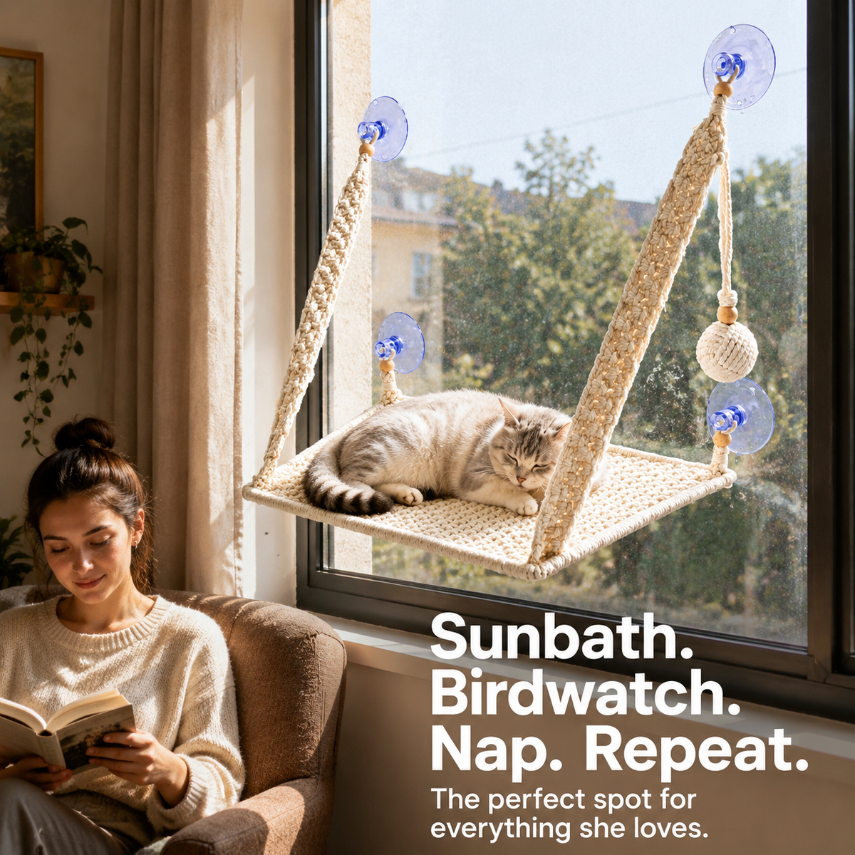 MacraMeow Handcrafted Small Cat Window Perch – No Tassels, Space-Saving Design