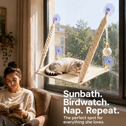 MacraMeow Handcrafted Small Cat Window Perch – No Tassels, Space-Saving Design