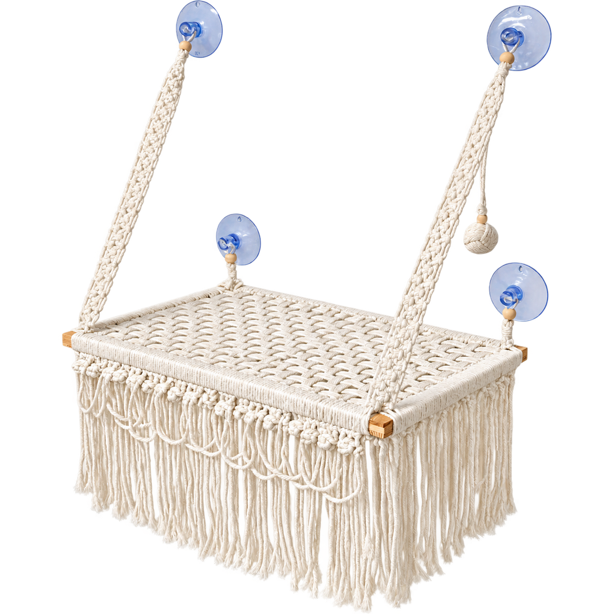 MacraMeow Handmade Large Window Perch – Triple Tassels, Boho Statement