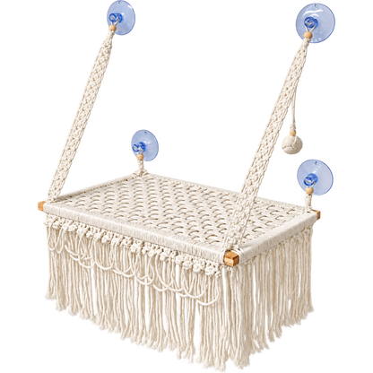 MacraMeow Handmade Large Window Perch – Triple Tassels, Boho Statement
