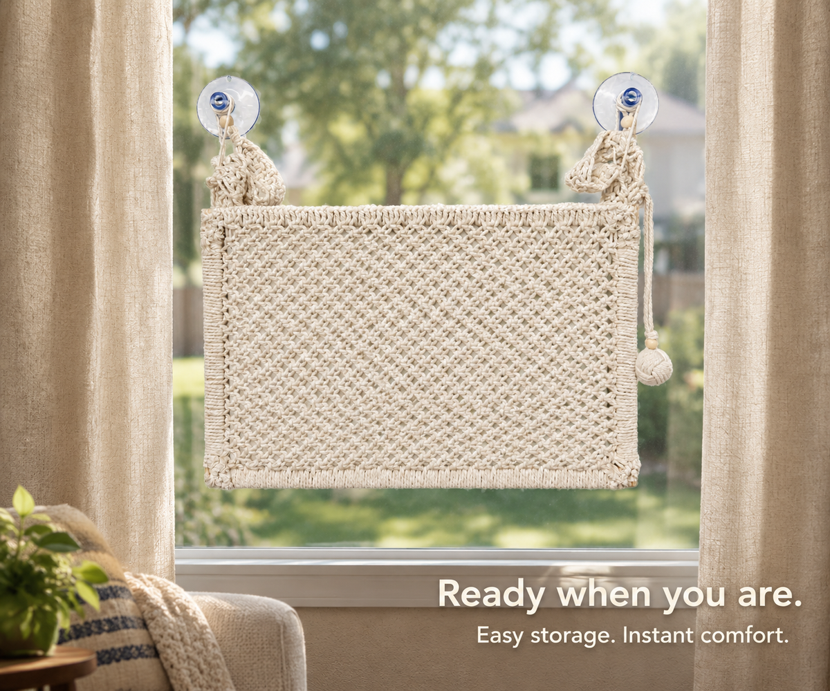 MacraMeow Large Macrame Window Perch – No Tassels, Minimalist Design