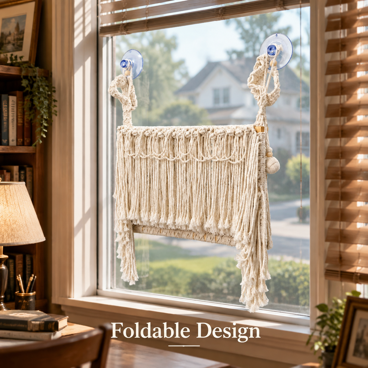 MacraMeow Handmade Large Window Perch – Triple Tassels, Boho Statement