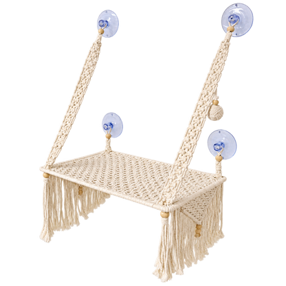 MacraMeow Handmade Small Window Perch – Side Tassels, Compact & Cozy