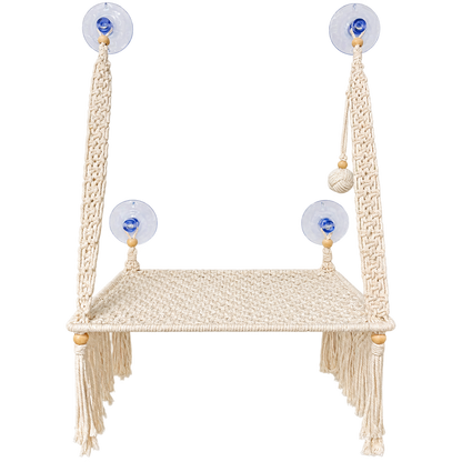 MacraMeow Handmade Small Window Perch – Side Tassels, Compact & Cozy