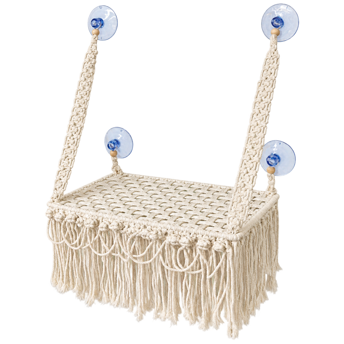 MacraMeow Small Macrame Window Perch – Triple Tassels, Boho Style