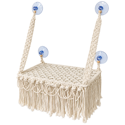 MacraMeow Small Macrame Window Perch – Triple Tassels, Boho Style