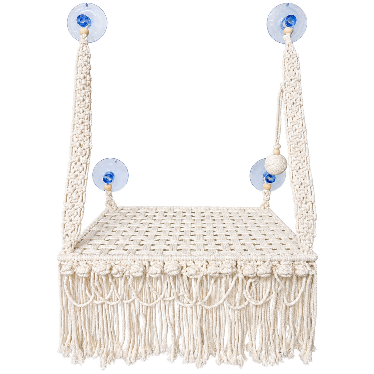 MacraMeow Small Macrame Window Perch – Triple Tassels, Boho Style