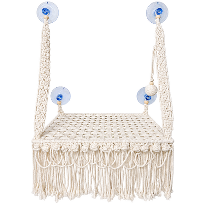 MacraMeow Small Macrame Window Perch – Triple Tassels, Boho Style