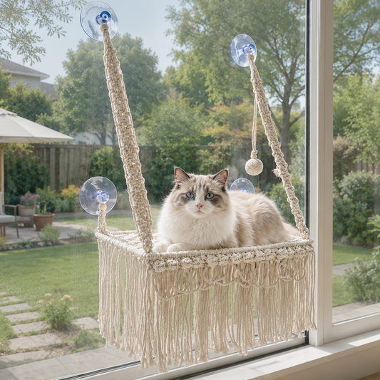 MacraMeow Small Macrame Window Perch – Triple Tassels, Boho Style