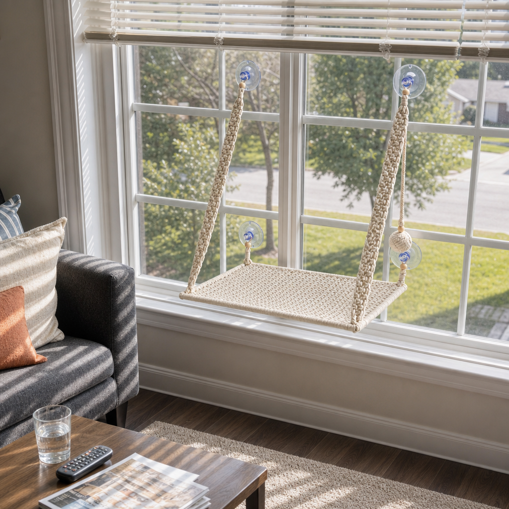 MacraMeow Handcrafted Small Cat Window Perch – No Tassels, Space-Saving Design
