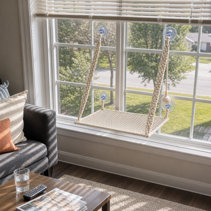 MacraMeow Handcrafted Small Cat Window Perch – No Tassels, Space-Saving Design