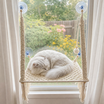 MacraMeow Handmade Small Window Perch – Side Tassels, Compact & Cozy