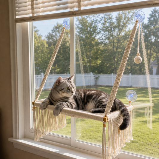 MacraMeow Handcrafted Large Macrame Hammock Cat – Side Tassels, Boho Charm
