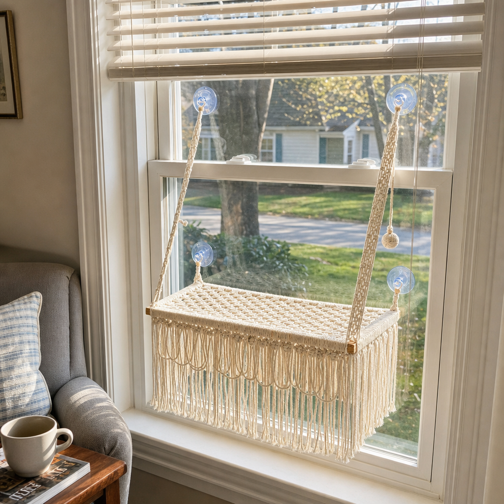 MacraMeow Handmade Large Window Perch – Triple Tassels, Boho Statement