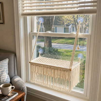 MacraMeow Handmade Large Window Perch – Triple Tassels, Boho Statement