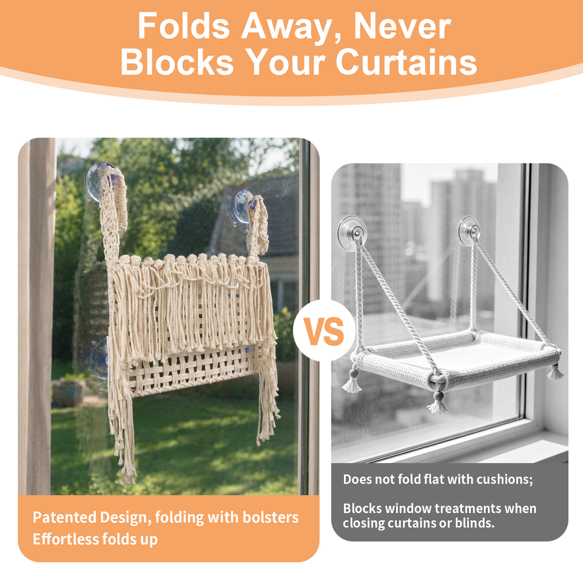 MacraMeow Small Macrame Window Perch – Triple Tassels, Boho Style