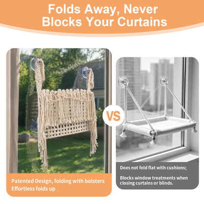 MacraMeow Small Macrame Window Perch – Triple Tassels, Boho Style