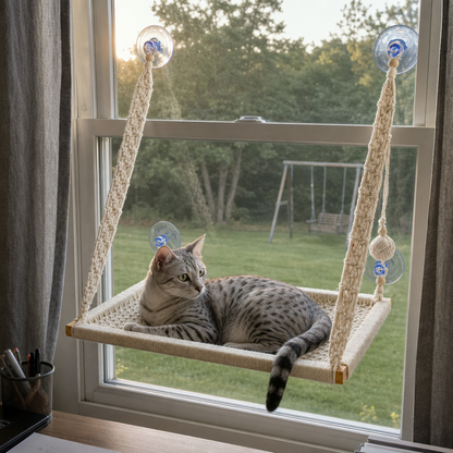 MacraMeow Large Macrame Window Perch – No Tassels, Minimalist Design