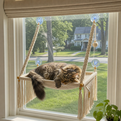 MacraMeow Handcrafted Large Macrame Hammock Cat – Side Tassels, Boho Charm