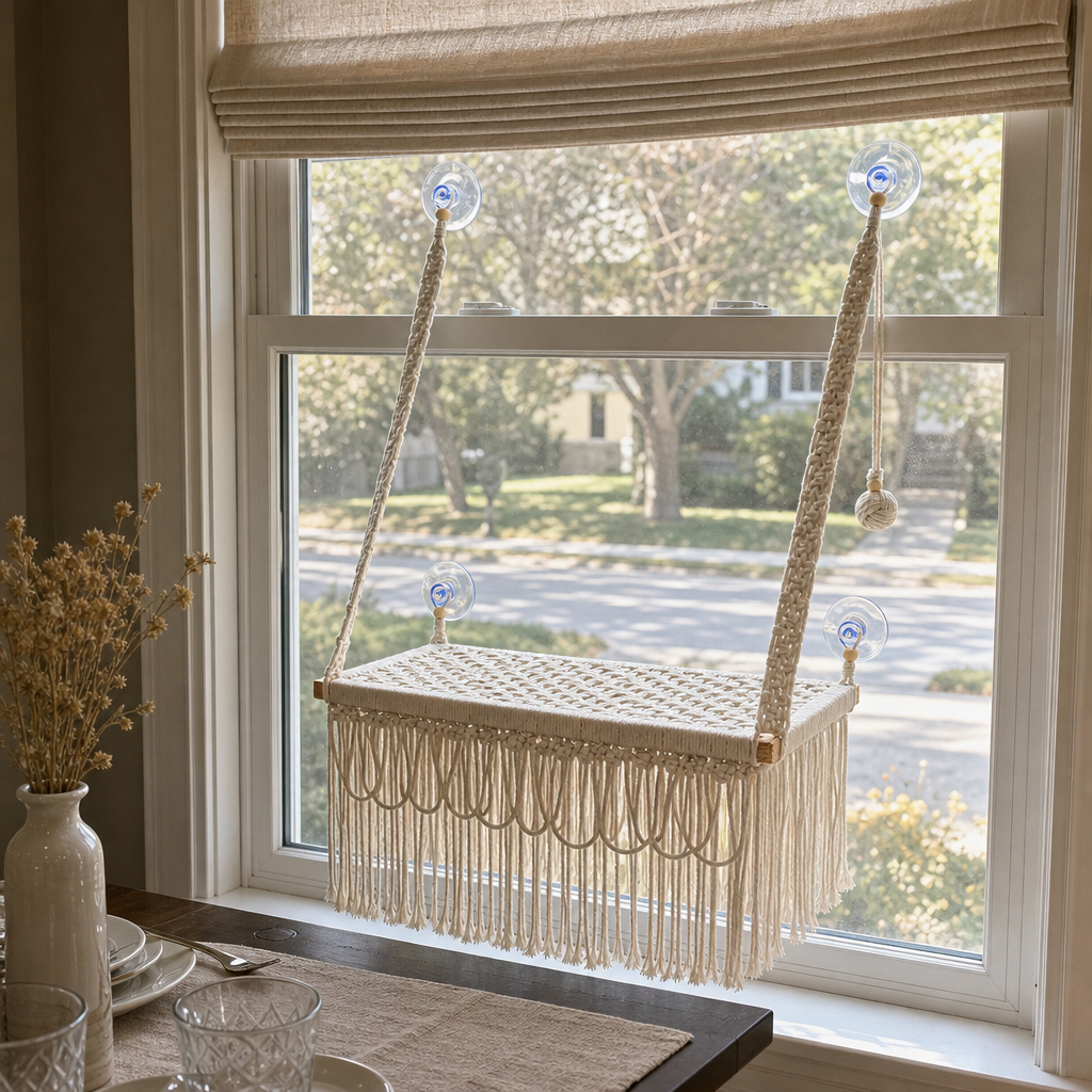 MacraMeow Handmade Large Window Perch – Triple Tassels, Boho Statement