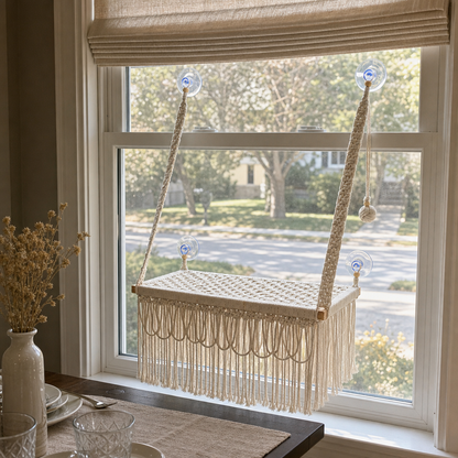 MacraMeow Handmade Large Window Perch – Triple Tassels, Boho Statement