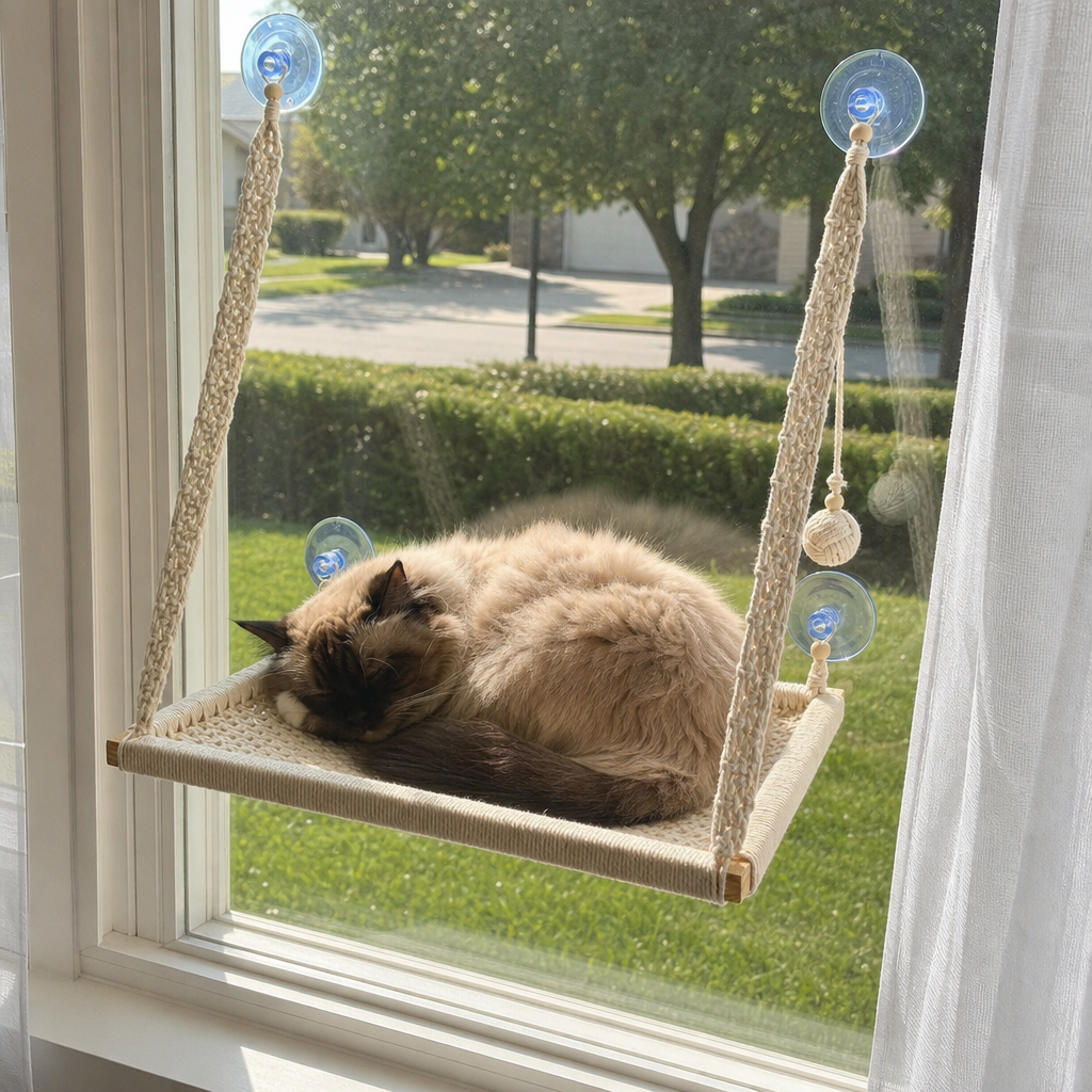 MacraMeow Large Macrame Window Perch – No Tassels, Minimalist Design