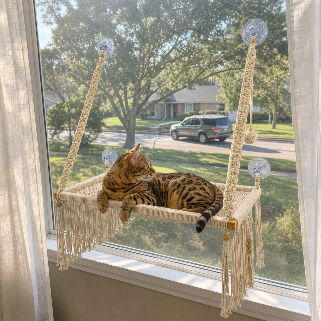 MacraMeow Handcrafted Large Macrame Hammock Cat – Side Tassels, Boho Charm