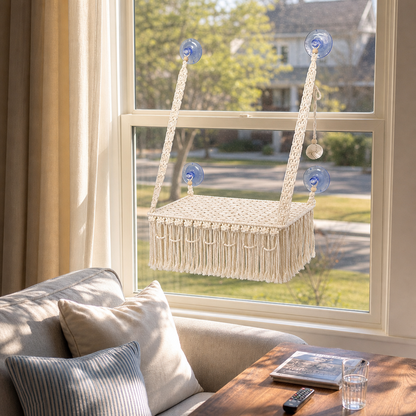 MacraMeow Small Macrame Window Perch – Triple Tassels, Boho Style