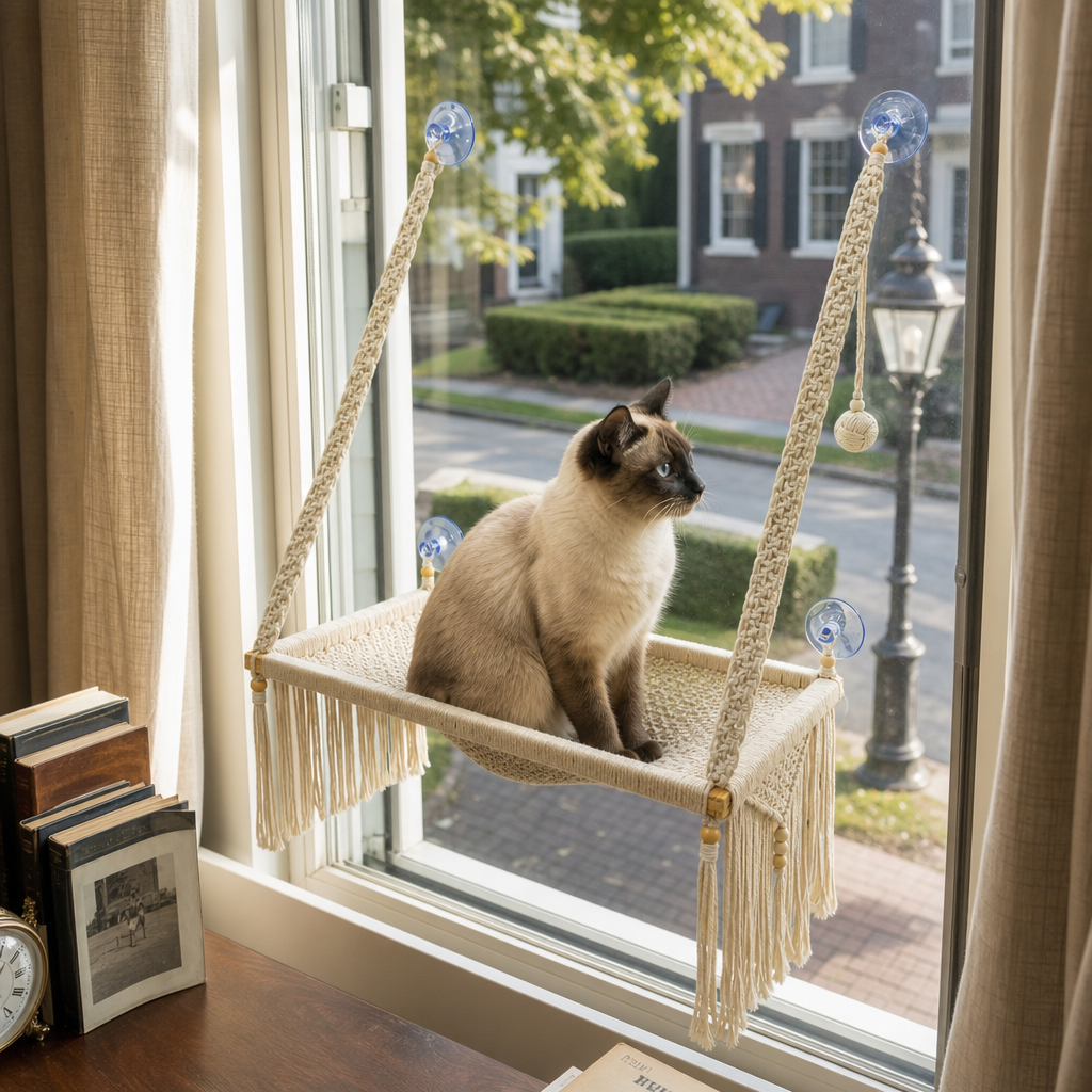 MacraMeow Handcrafted Large Macrame Hammock Cat – Side Tassels, Boho Charm